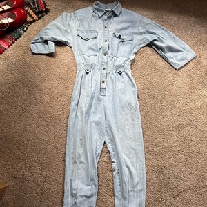 super cool true vintage 80s denim jumpsuit with shoulder pads and all